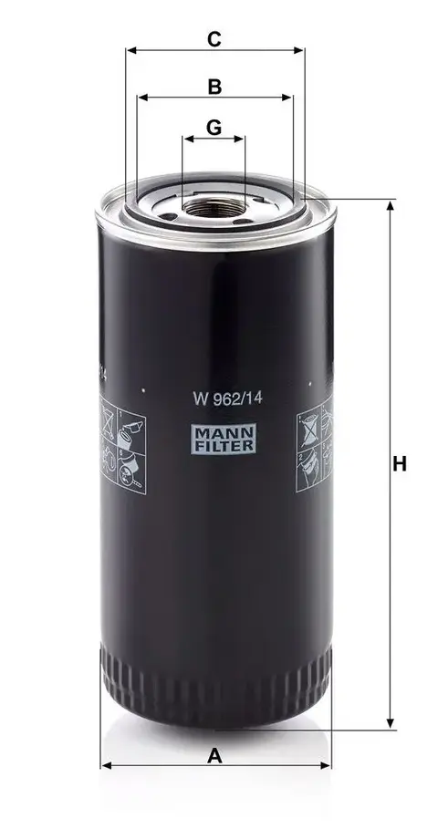 Mann W 962/14 filter ulja Abg/Agco-Allis/Ahlmann/Atlas/Aveling-Barford/Bomag/Bosch-Generatoren/Broyt/Carraro/Case IH/Caterpillar/Class/Clark/Compair/Deutz Fahr/Dynapac/Fendt/Grove/Hanomag/Haulamatic/Hydra-Mac/Hyster/Ingersoll Rand/JCB/Kramer/Landini/Liebh